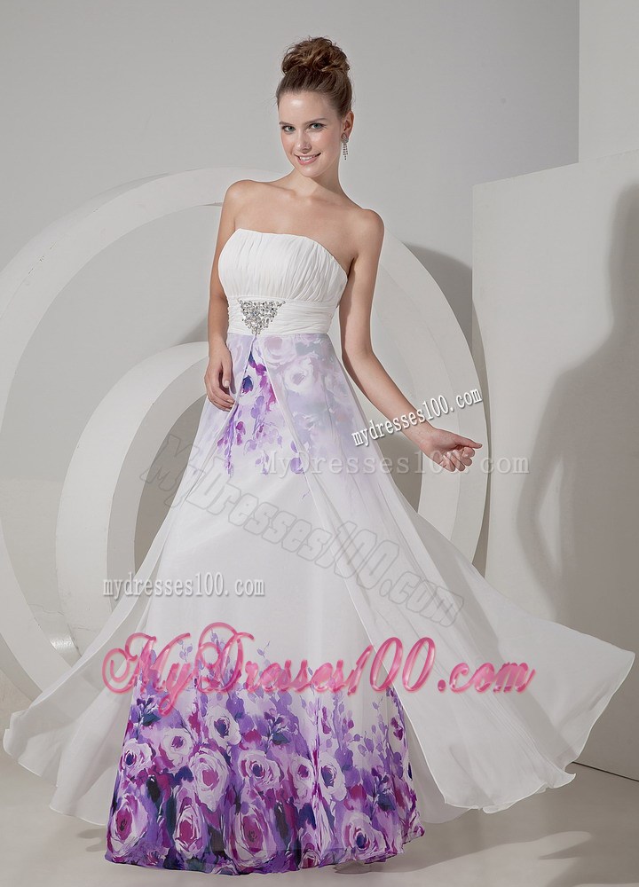 Popular White Empire Strapless Maxi Dresses Printing Beading Floor-length