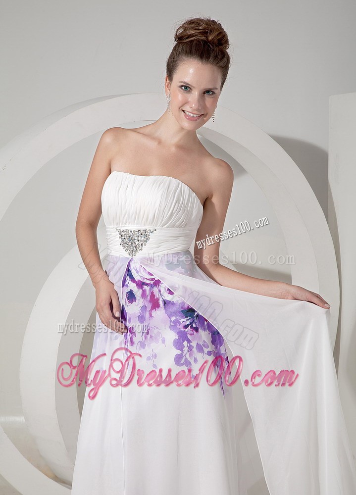 Popular White Empire Strapless Maxi Dresses Printing Beading Floor-length