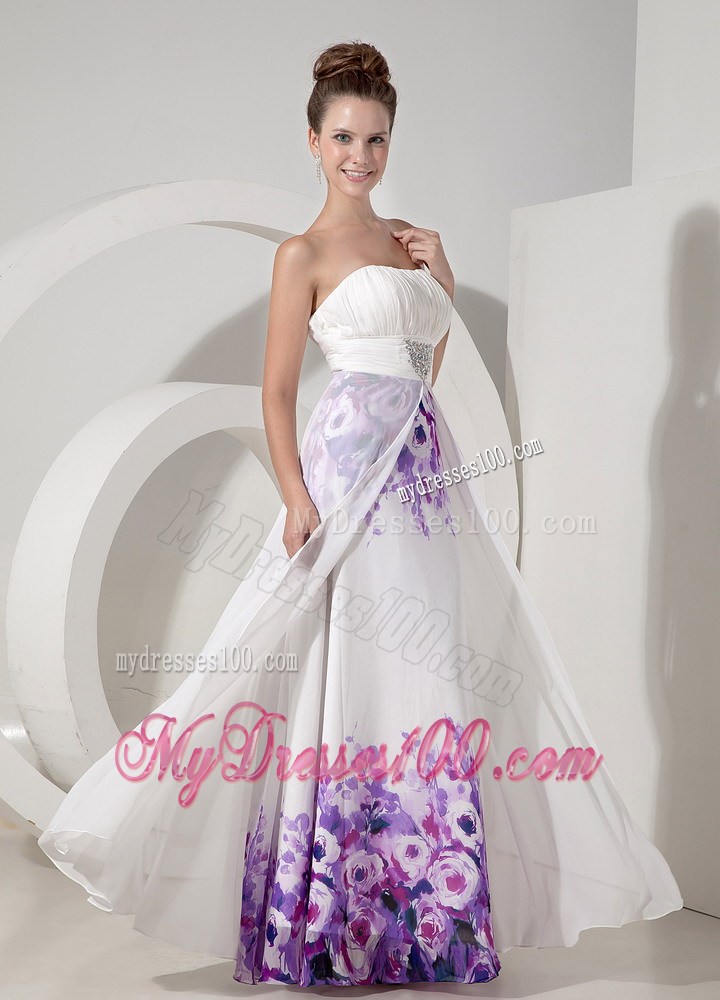 Popular White Empire Strapless Maxi Dresses Printing Beading Floor-length