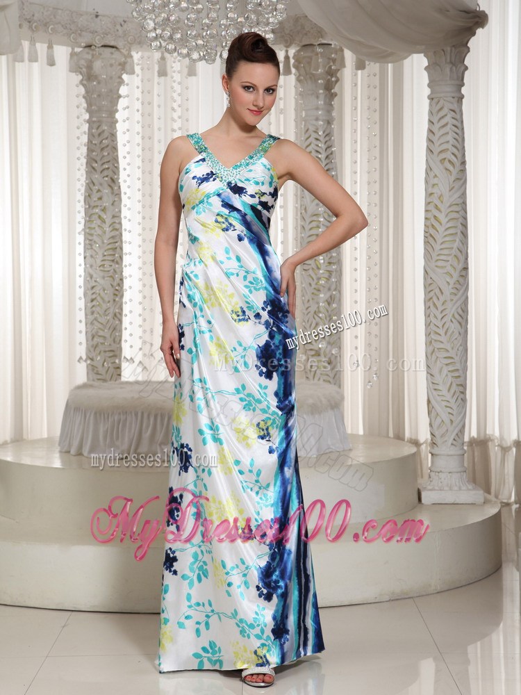 Formal Colorful Beaded Embellishment Long Empire V-neck Maxi Dress