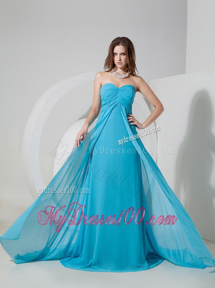 2013 Brand New Aqua Blue Sweetheart Maxi Dress Brush Train Ruched