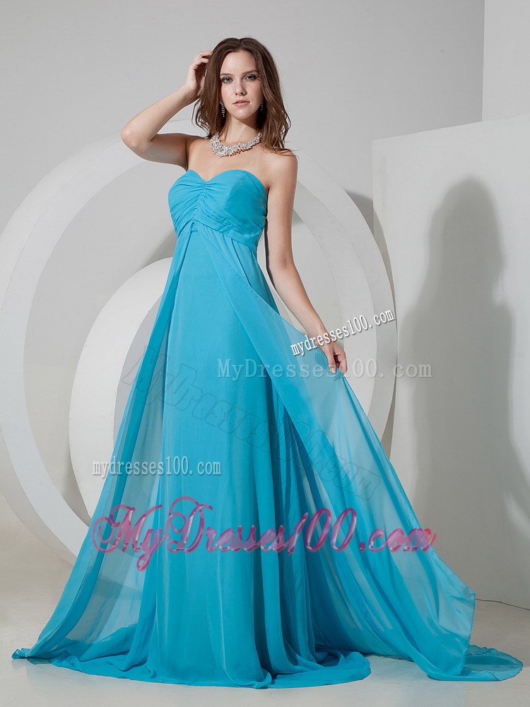 2013 Brand New Aqua Blue Sweetheart Maxi Dress Brush Train Ruched