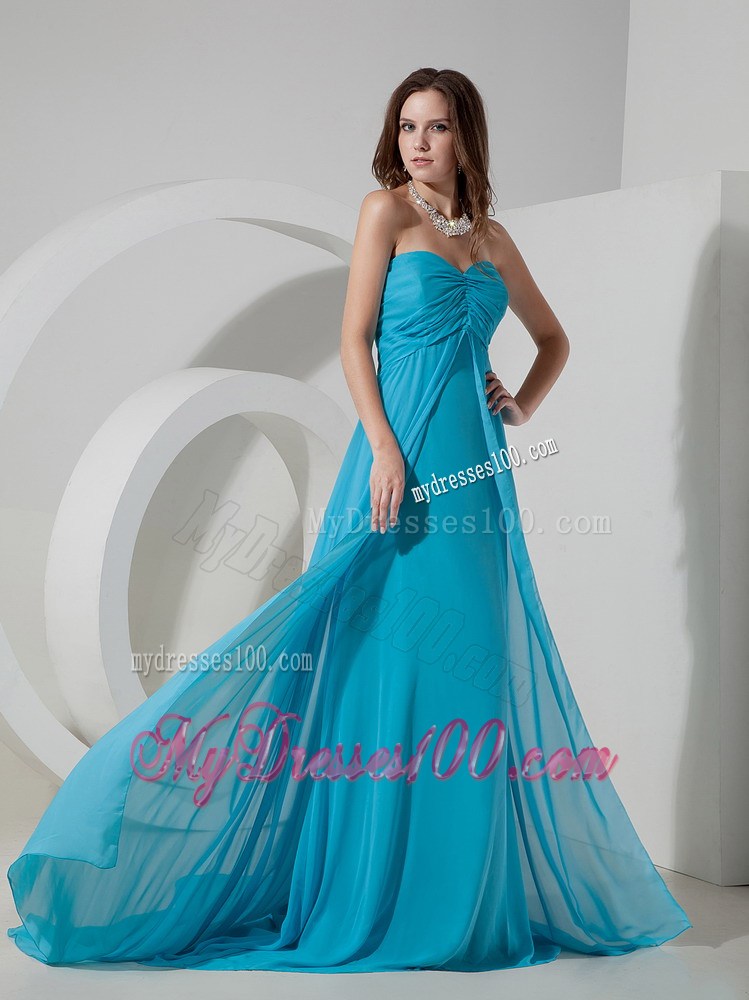 2013 Brand New Aqua Blue Sweetheart Maxi Dress Brush Train Ruched
