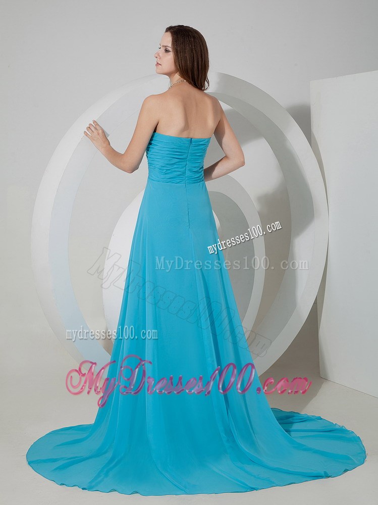2013 Brand New Aqua Blue Sweetheart Maxi Dress Brush Train Ruched