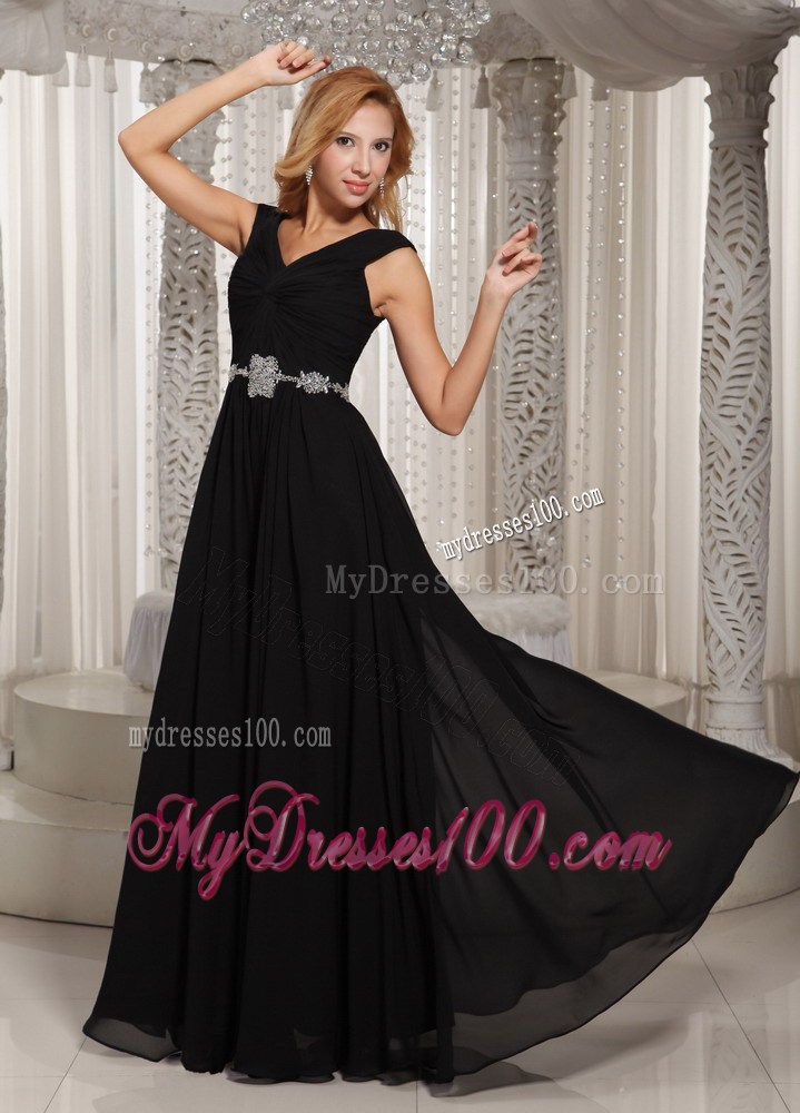 Simple V-neck Black Floor-length Belt 2013 Maxi Dresses For Party
