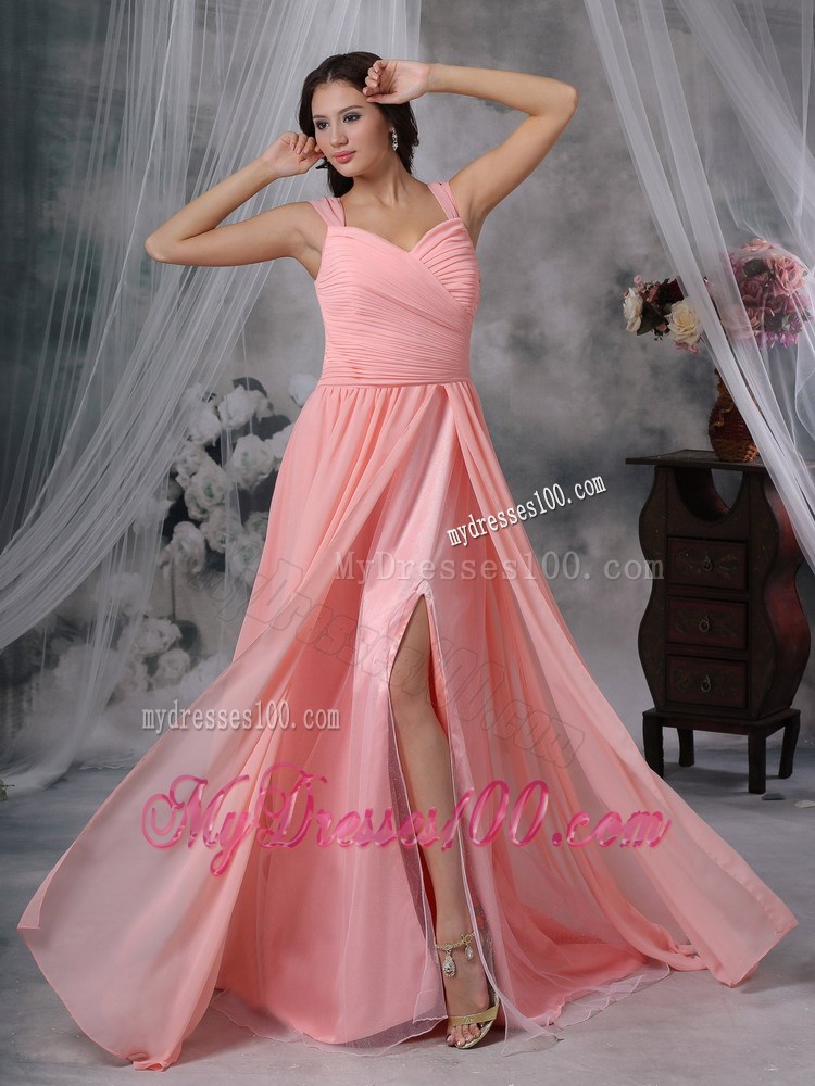 Elegant Watermelon Empire Straps Brush Sweep Train Pleat Maxi Dress