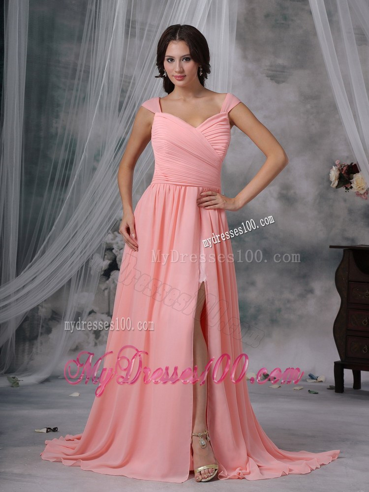 Elegant Watermelon Empire Straps Brush Sweep Train Pleat Maxi Dress