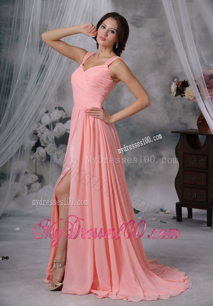 Elegant Watermelon Empire Straps Brush Sweep Train Pleat Maxi Dress