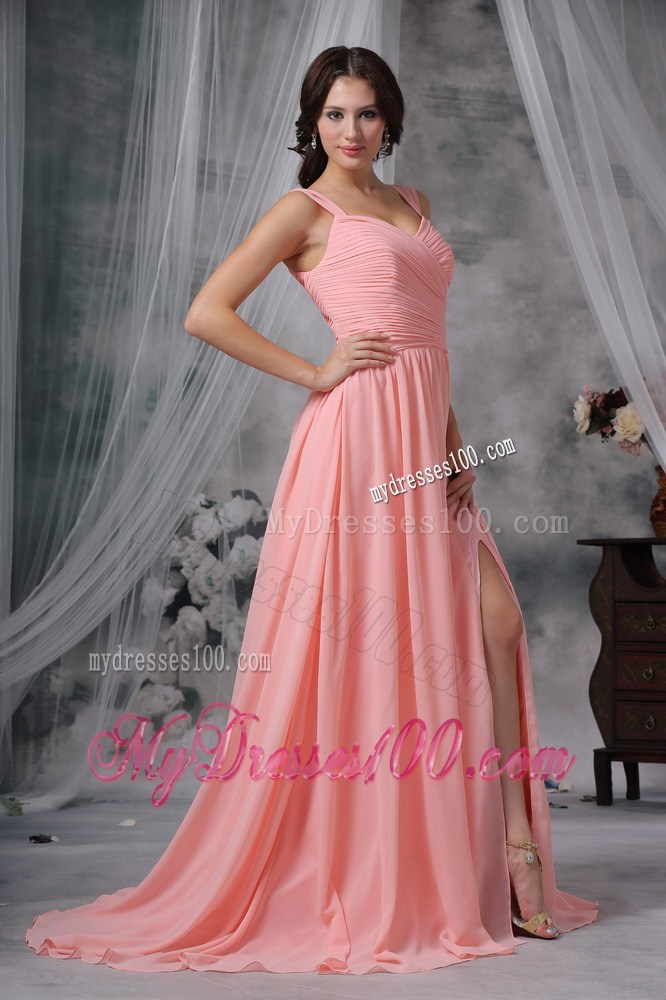 Elegant Watermelon Empire Straps Brush Sweep Train Pleat Maxi Dress