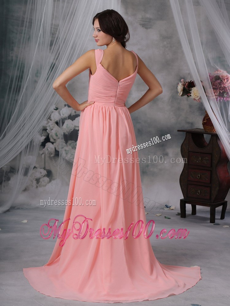Elegant Watermelon Empire Straps Brush Sweep Train Pleat Maxi Dress