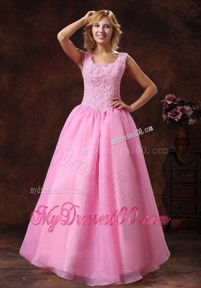Rose Pink Wide Scoop Lace-up Princess Prom Dress For Party Appliques Decorate