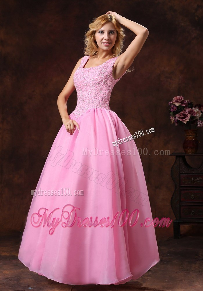 Rose Pink Wide Scoop Lace-up Princess Prom Dress For Party Appliques Decorate
