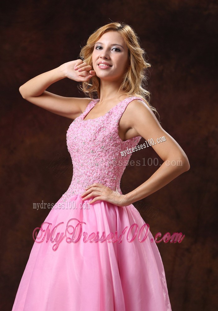 Rose Pink Wide Scoop Lace-up Princess Prom Dress For Party Appliques Decorate