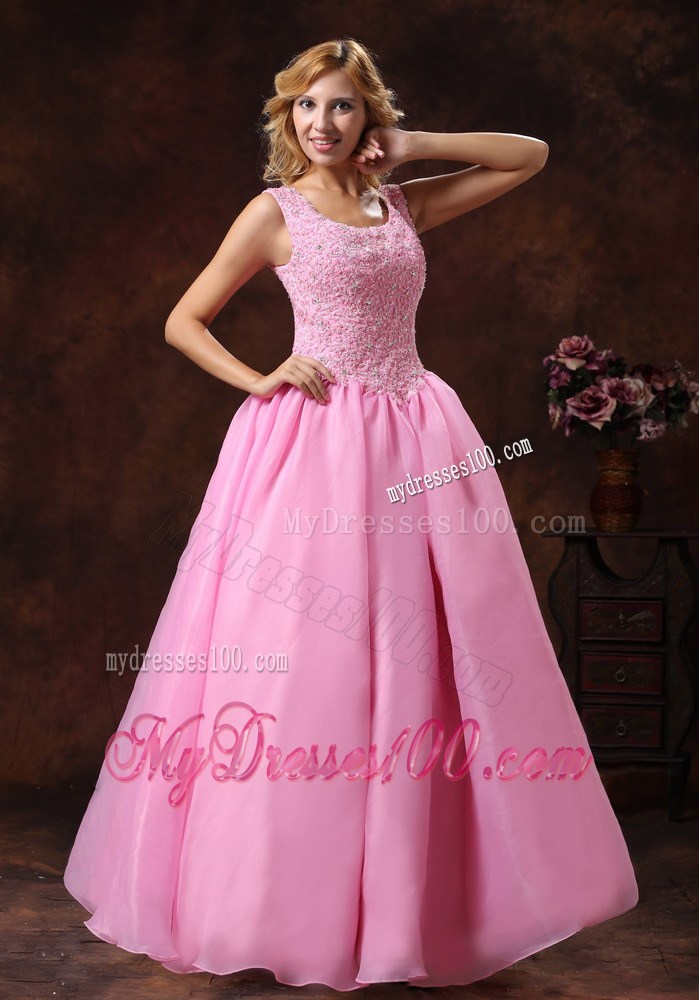 Rose Pink Wide Scoop Lace-up Princess Prom Dress For Party Appliques Decorate