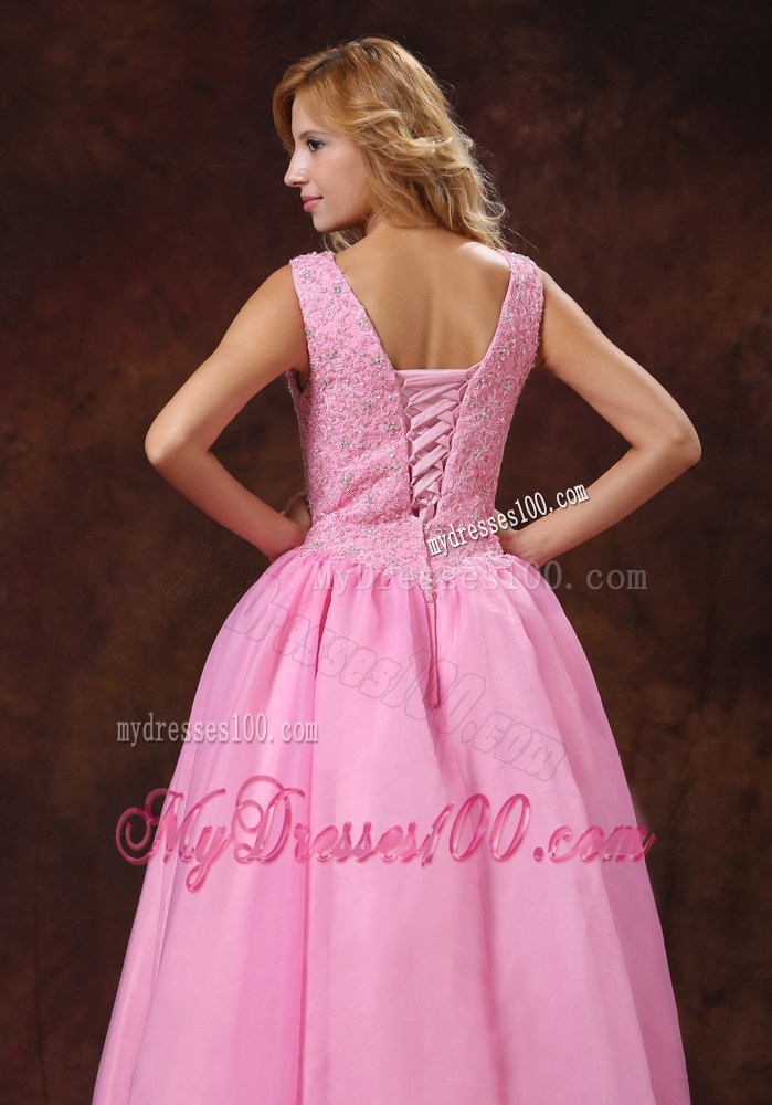 Rose Pink Wide Scoop Lace-up Princess Prom Dress For Party Appliques Decorate