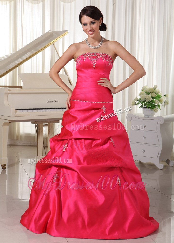 Coral Red Appliques With Beading Evening Dress With Pick-ups