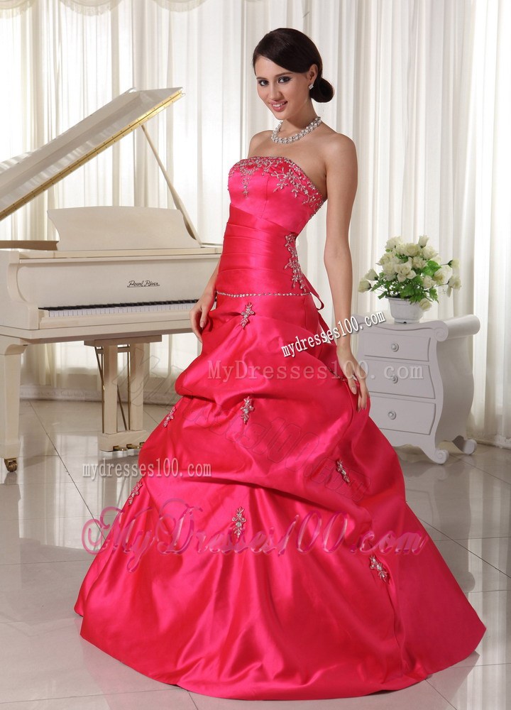 Coral Red Appliques With Beading Evening Dress With Pick-ups