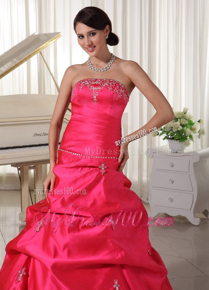 Coral Red Appliques With Beading Evening Dress With Pick-ups