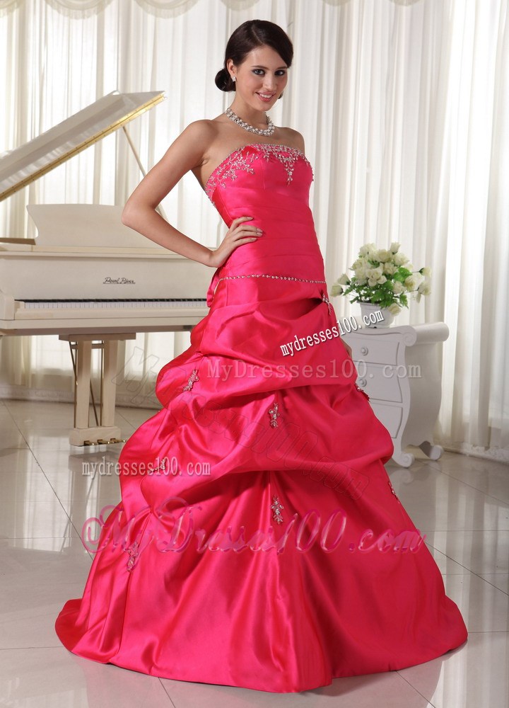 Coral Red Appliques With Beading Evening Dress With Pick-ups