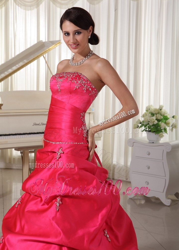 Coral Red Appliques With Beading Evening Dress With Pick-ups