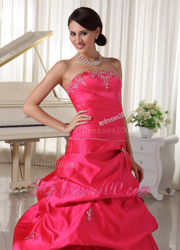 Coral Red Appliques With Beading Evening Dress With Pick-ups
