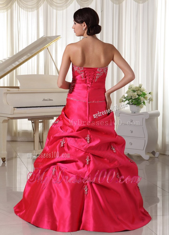 Coral Red Appliques With Beading Evening Dress With Pick-ups