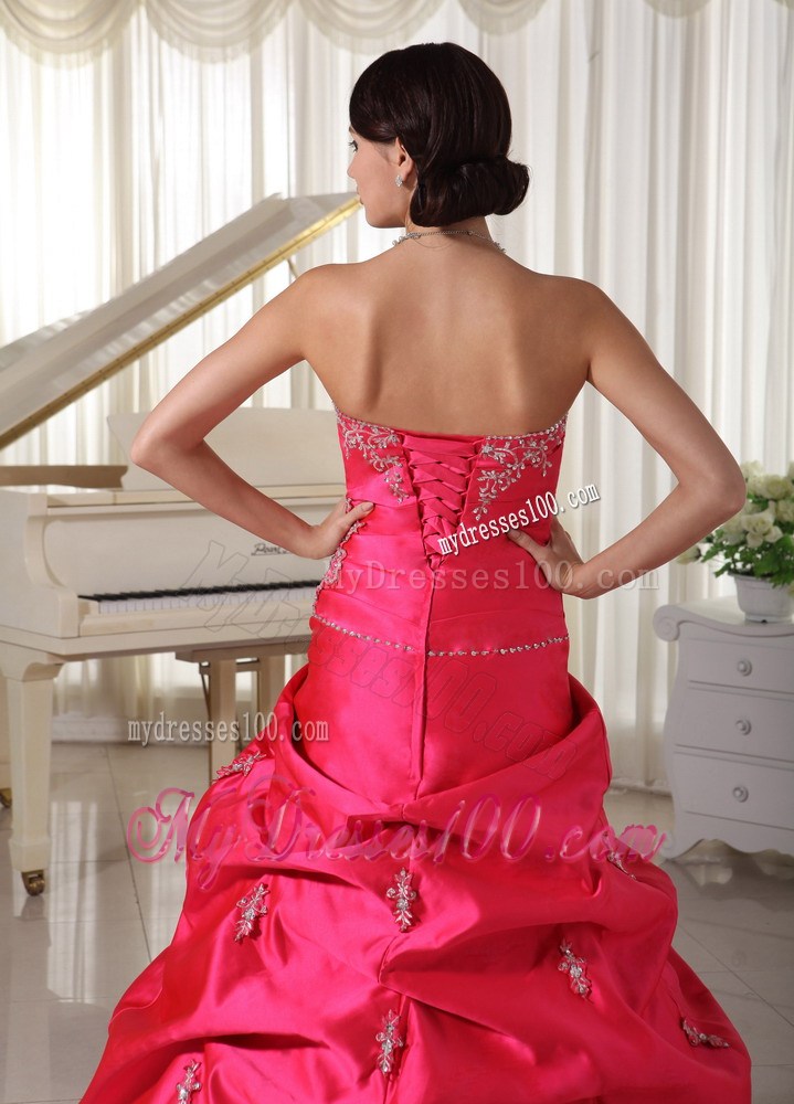 Coral Red Appliques With Beading Evening Dress With Pick-ups