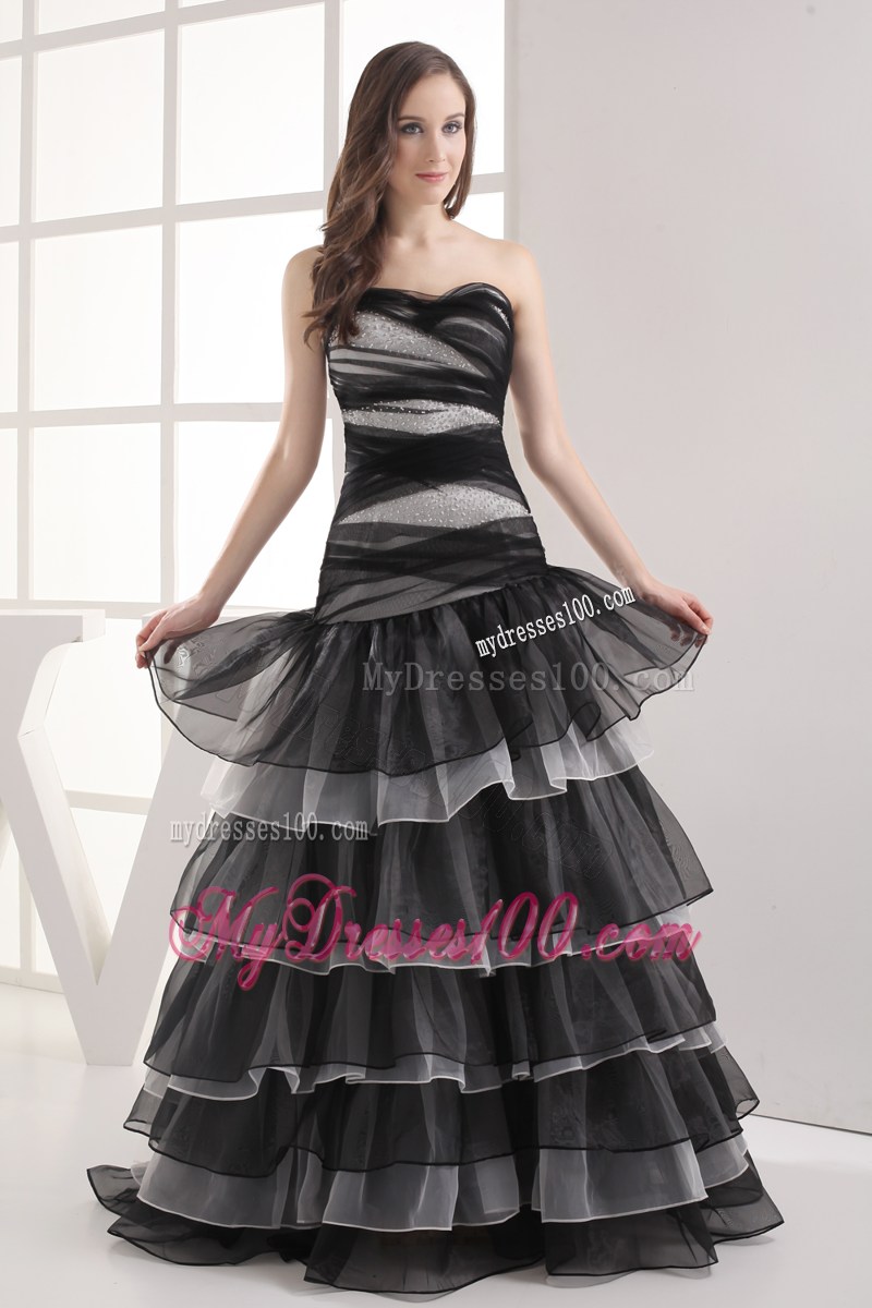 A-line Sweetheart Black Ruffled Layers Prom Dress