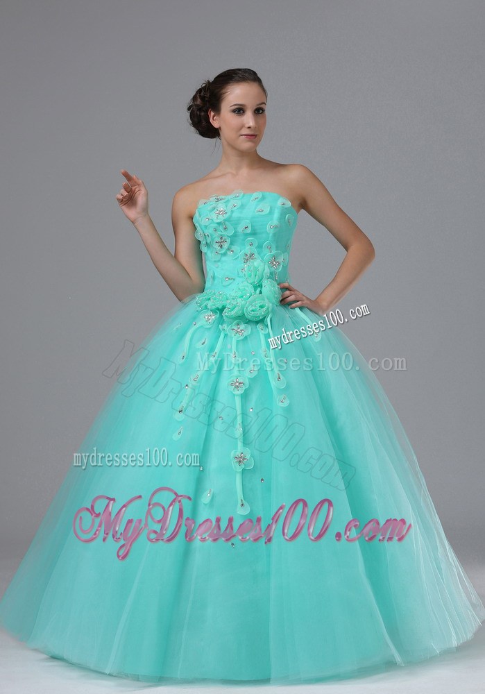 Apple Green Appliques and Hand Made Flowers Evening Dress