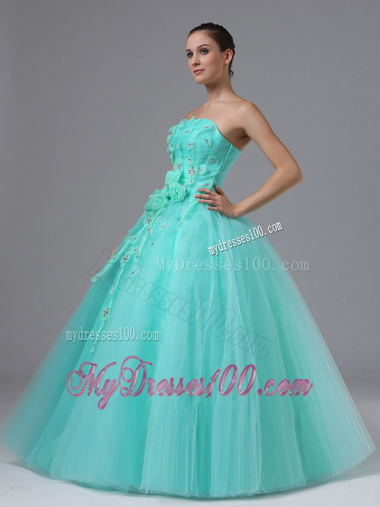Apple Green Appliques and Hand Made Flowers Evening Dress