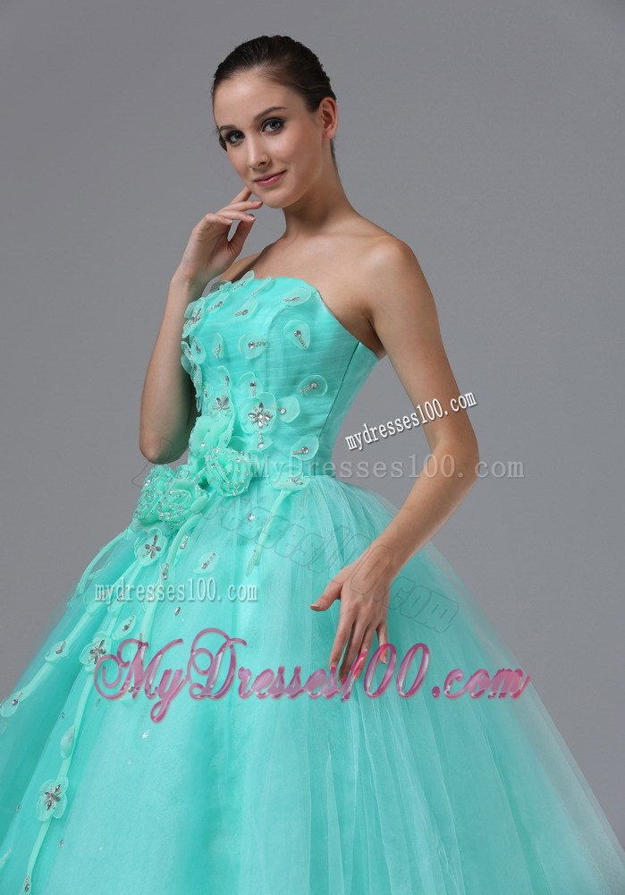 Apple Green Appliques and Hand Made Flowers Evening Dress