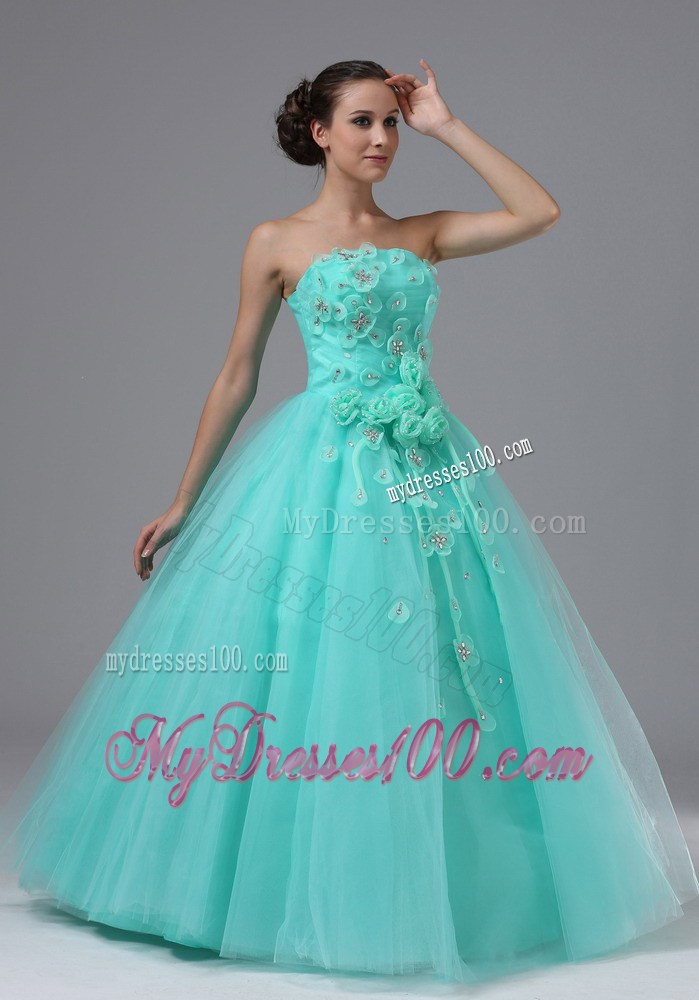 Apple Green Appliques and Hand Made Flowers Evening Dress