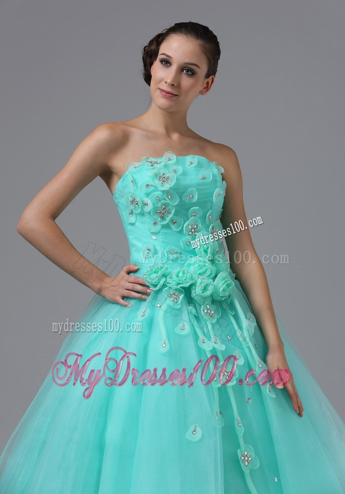 Apple Green Appliques and Hand Made Flowers Evening Dress