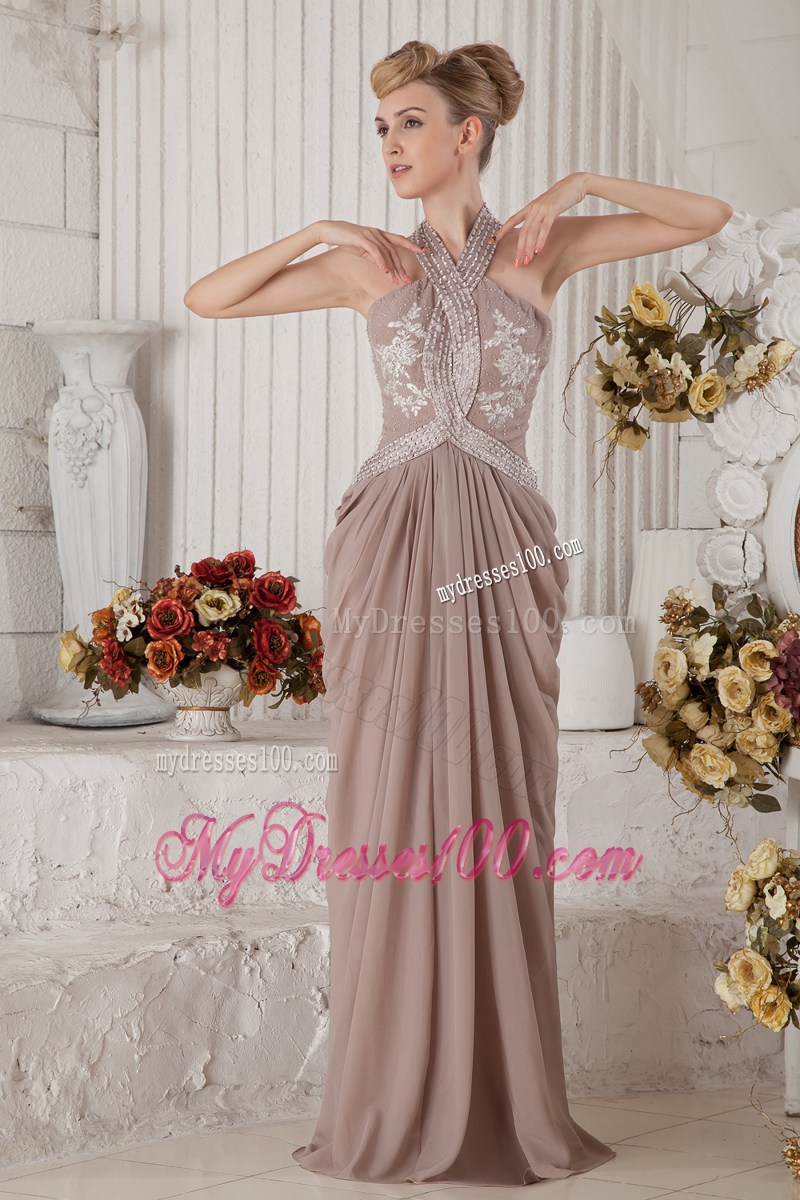 Brown Halter Brush Train Appliques and Ruche Evening Dress
