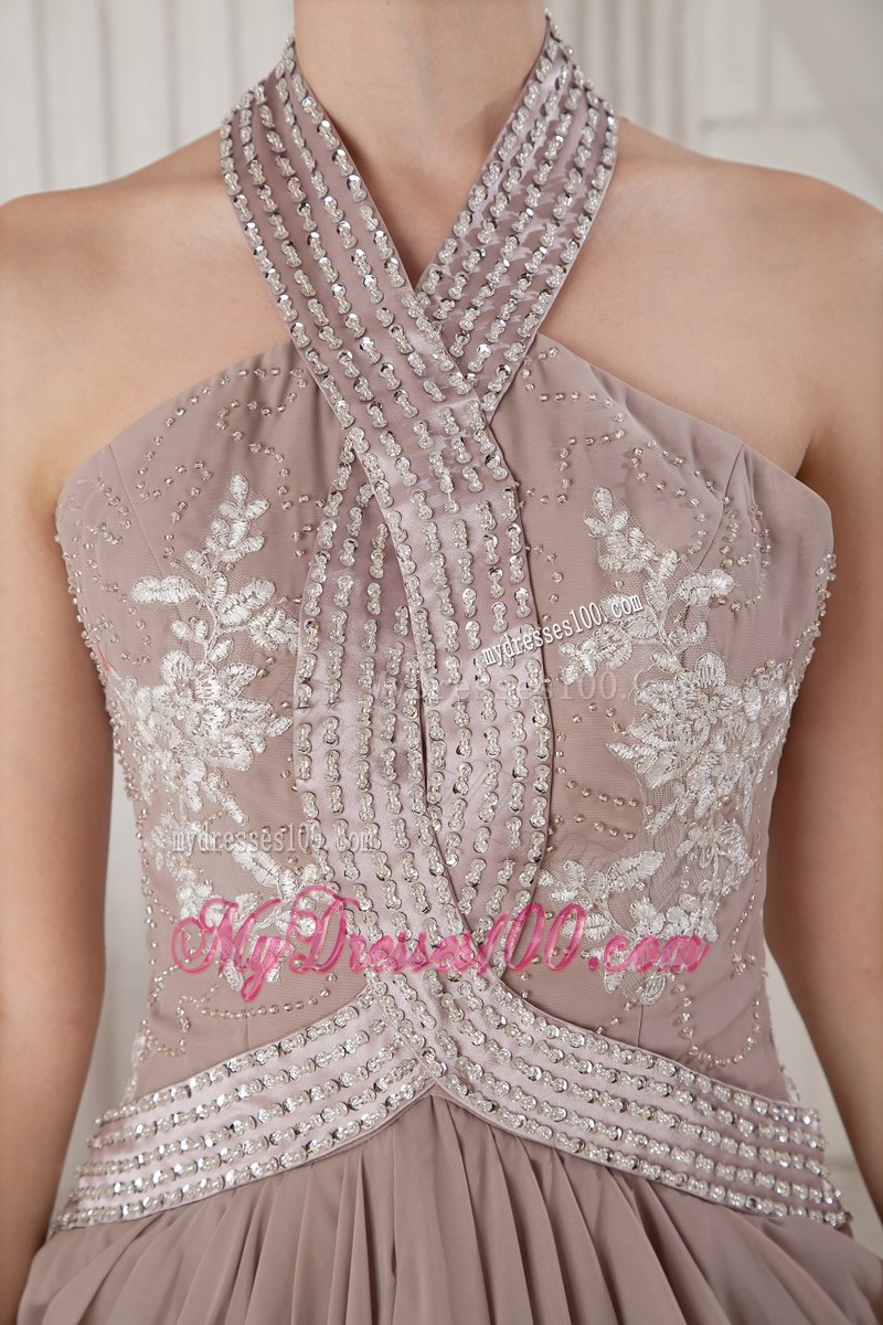 Brown Halter Brush Train Appliques and Ruche Evening Dress