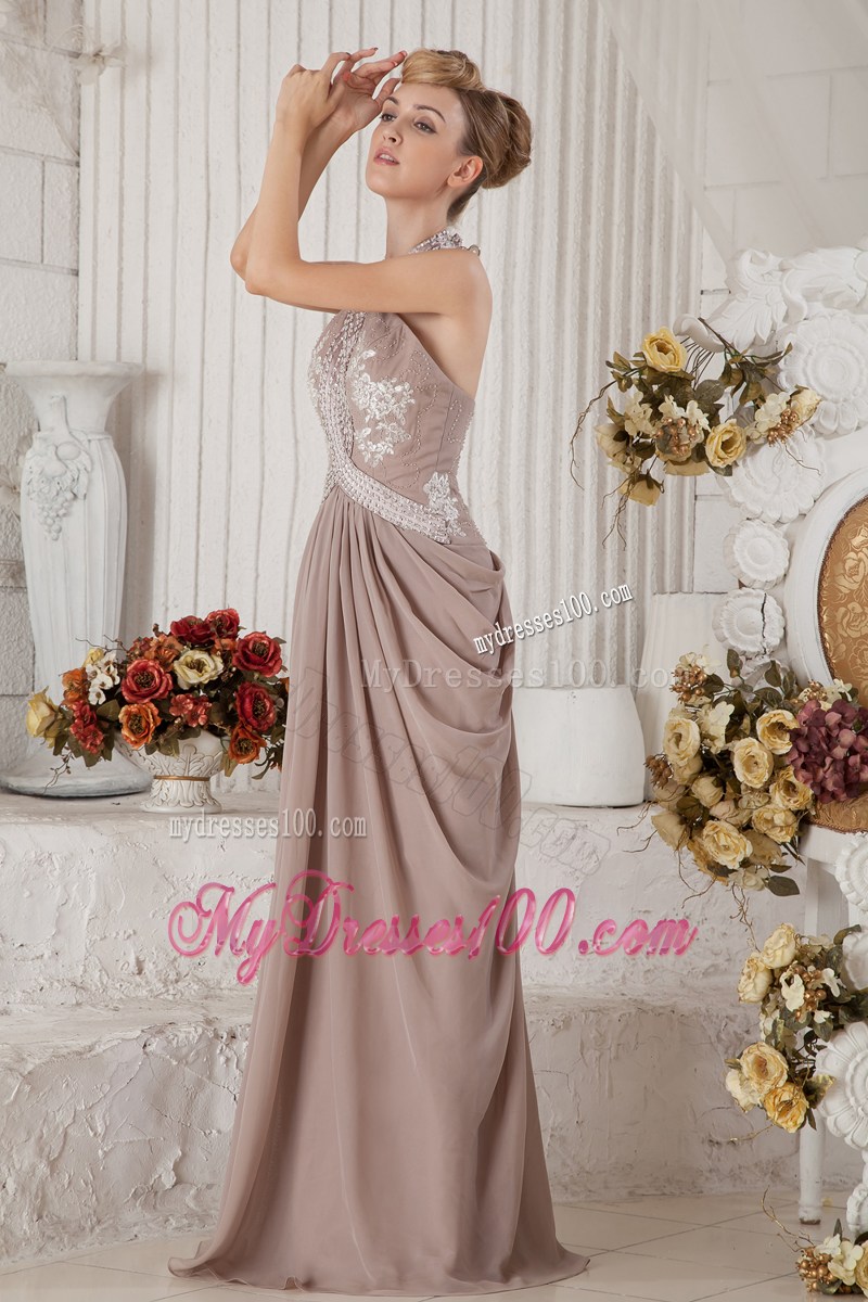 Brown Halter Brush Train Appliques and Ruche Evening Dress