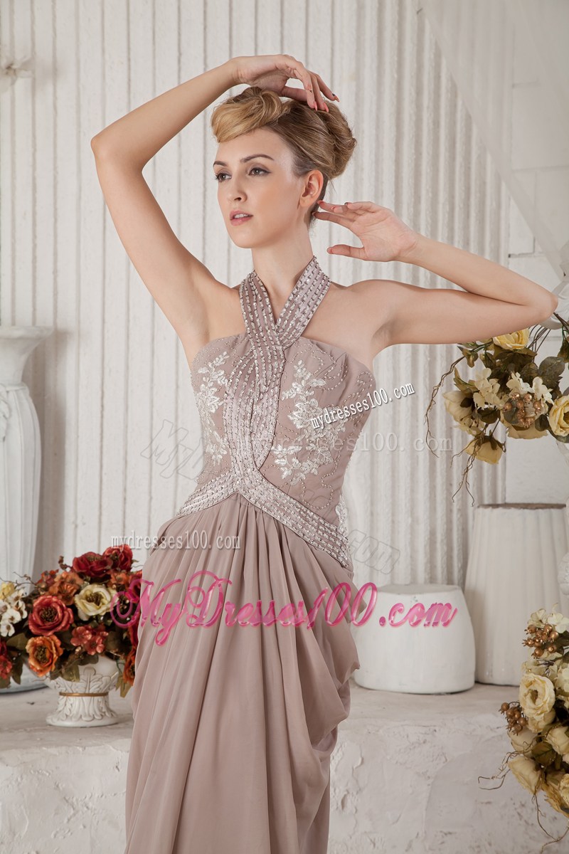 Brown Halter Brush Train Appliques and Ruche Evening Dress
