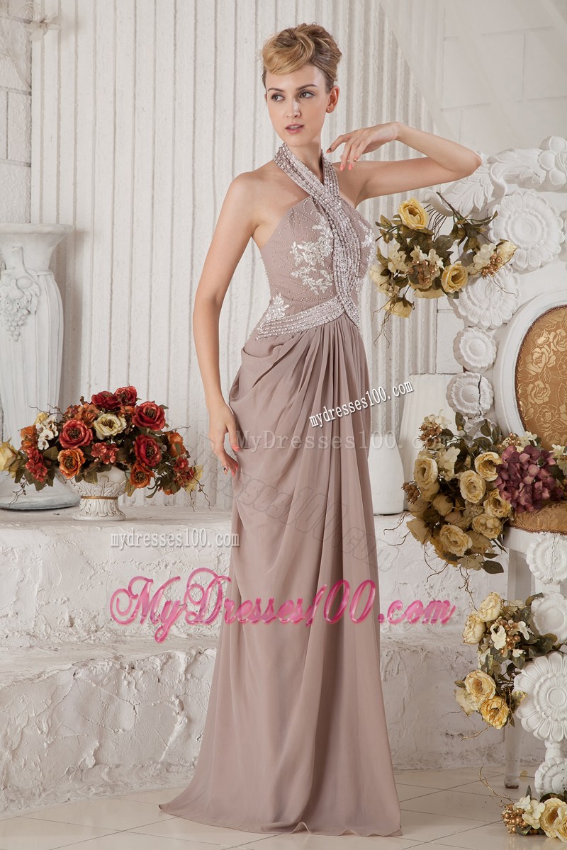 Brown Halter Brush Train Appliques and Ruche Evening Dress