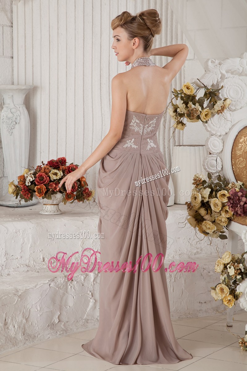 Brown Halter Brush Train Appliques and Ruche Evening Dress