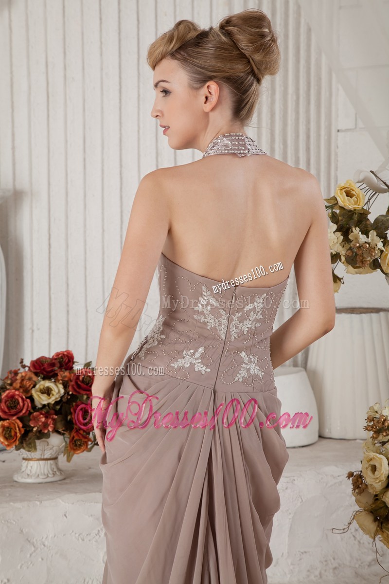 Brown Halter Brush Train Appliques and Ruche Evening Dress
