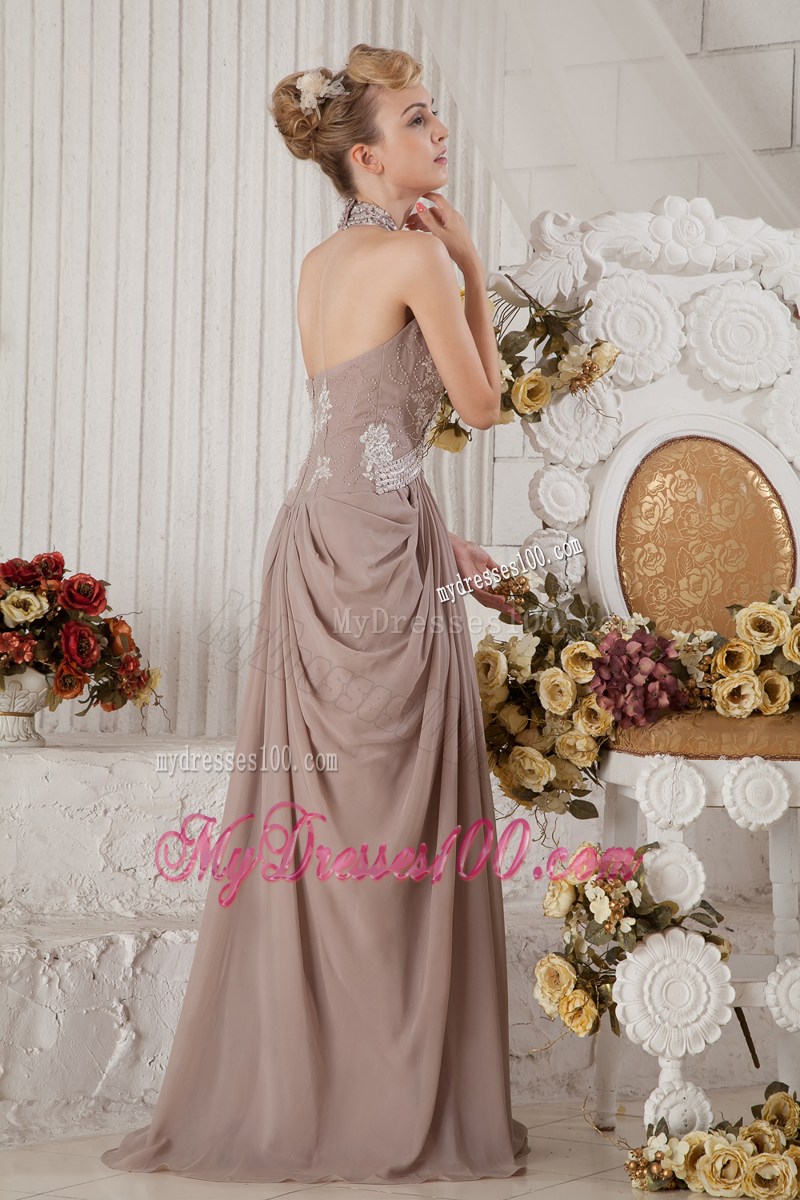 Brown Halter Brush Train Appliques and Ruche Evening Dress