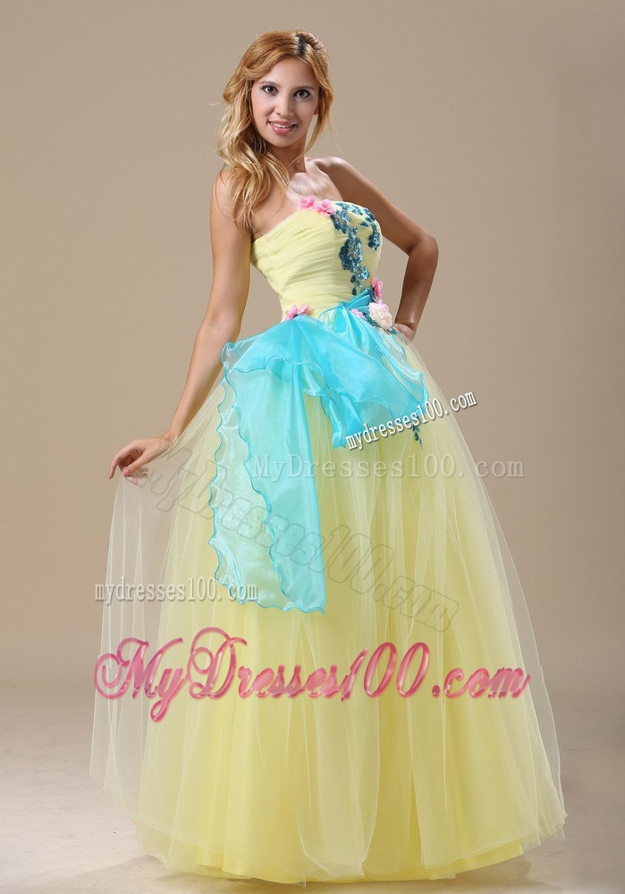 Hot Light Yellow Appliques and Ruche Prom Dress With Sash