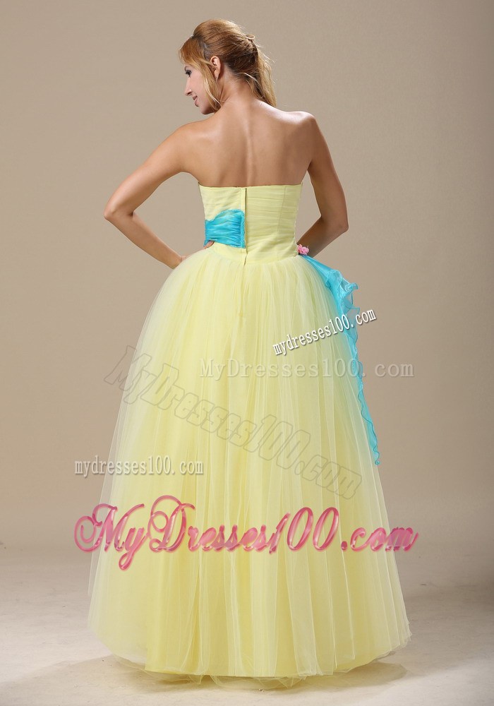Hot Light Yellow Appliques and Ruche Prom Dress With Sash