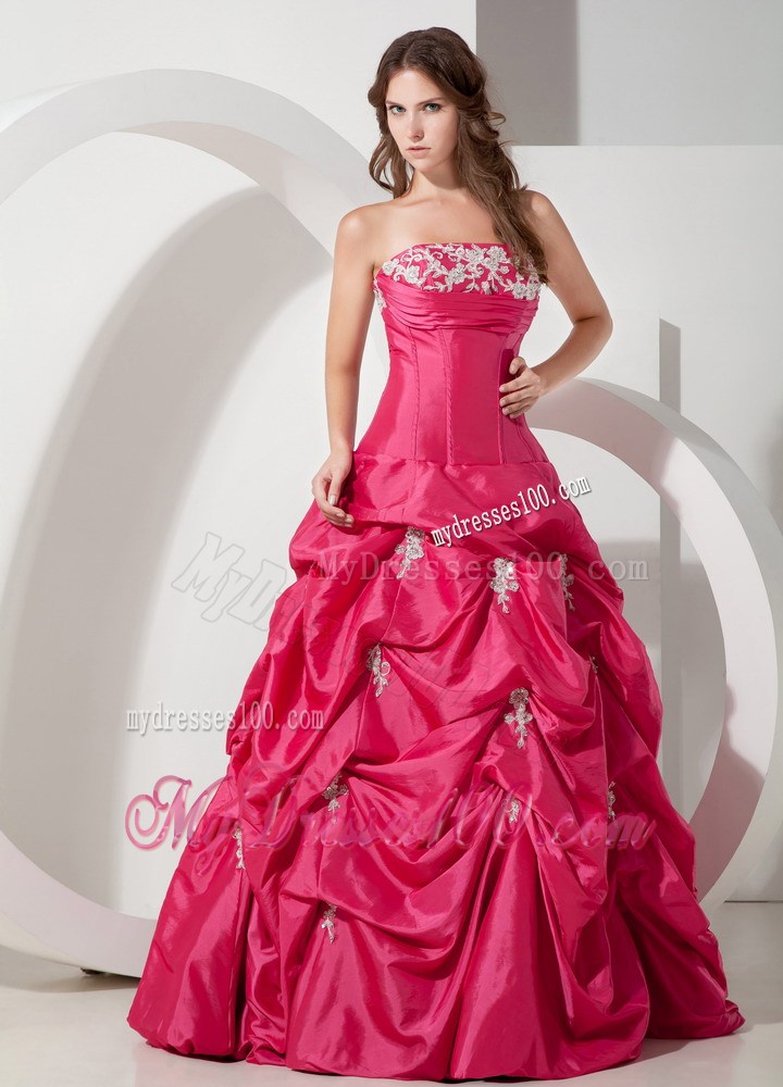 Appliques and Pick-ups Floor-length Hot Pink Evening Dress