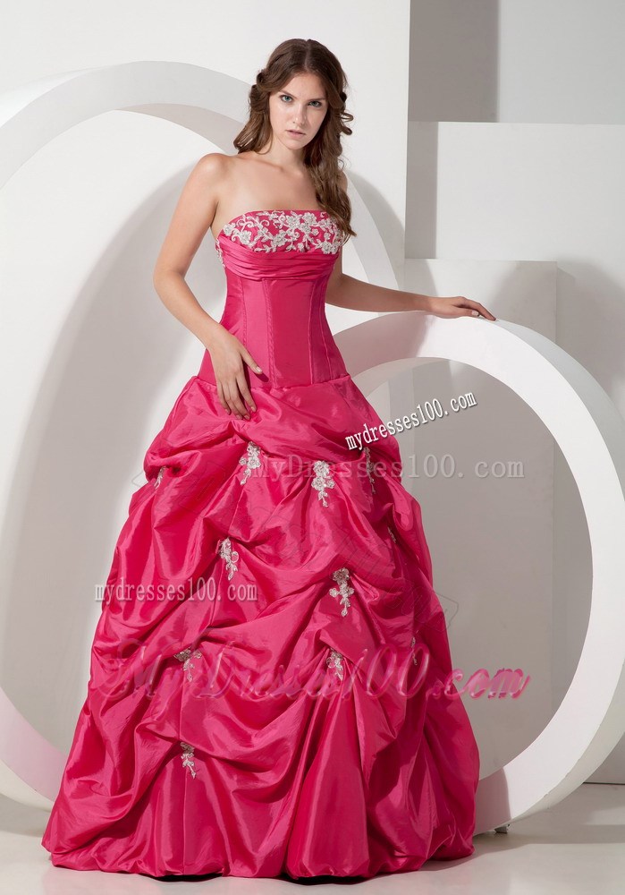 Appliques and Pick-ups Floor-length Hot Pink Evening Dress