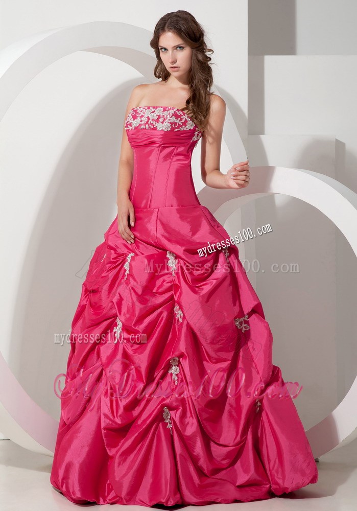 Appliques and Pick-ups Floor-length Hot Pink Evening Dress