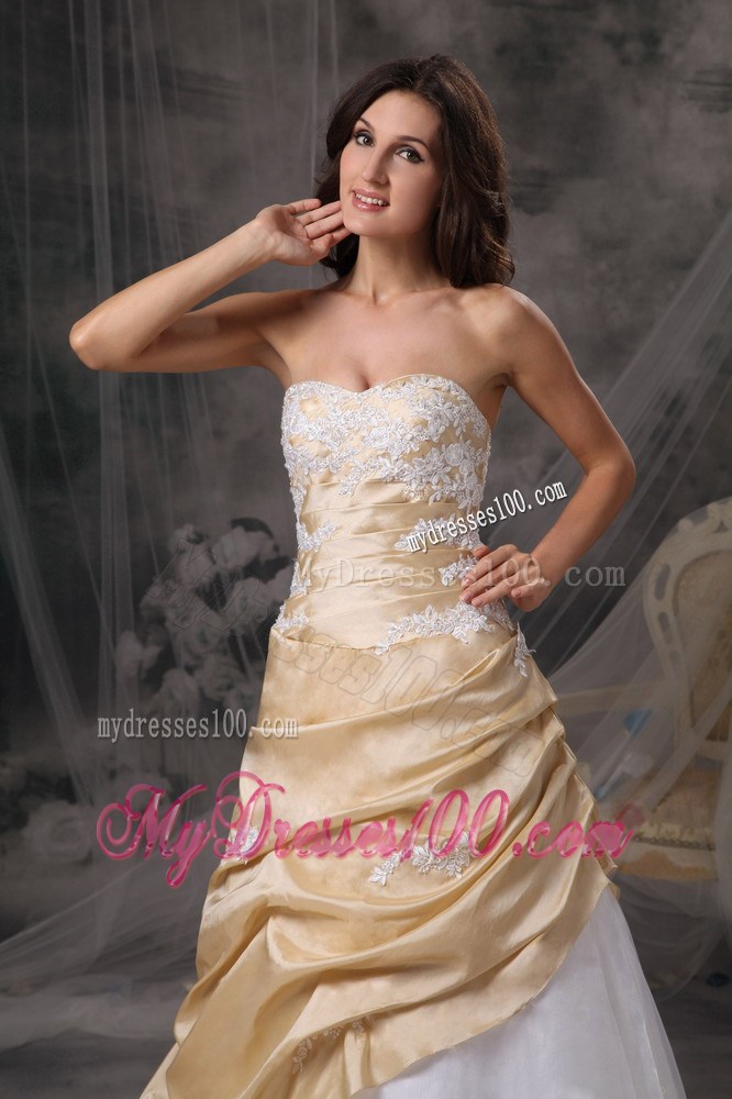 Sweet Champagne and White Sweetheart Prom Dress Appliques Floor-length