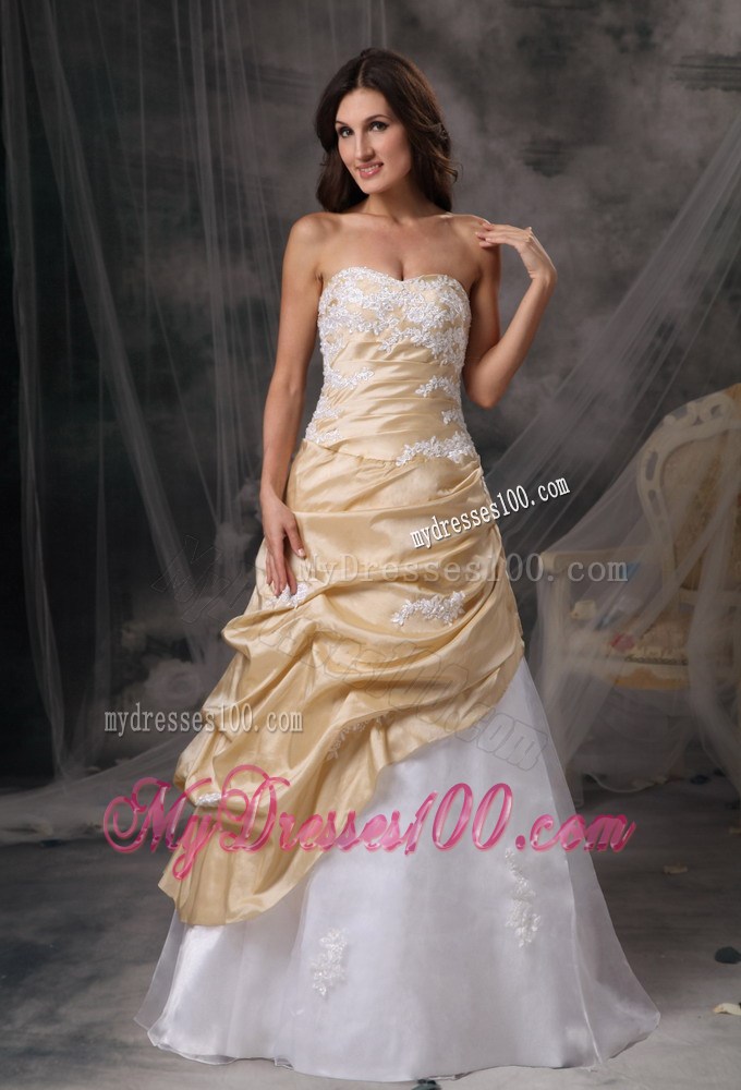 Sweet Champagne and White Sweetheart Prom Dress Appliques Floor-length