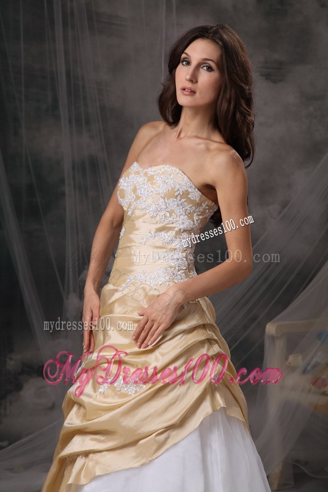 Sweet Champagne and White Sweetheart Prom Dress Appliques Floor-length