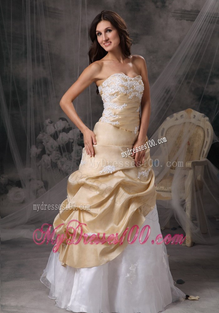 Sweet Champagne and White Sweetheart Prom Dress Appliques Floor-length